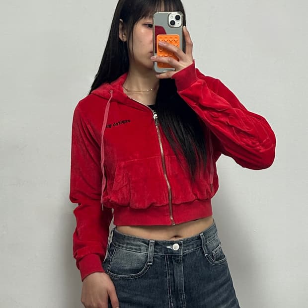 익스파이어드걸 벨벳 플레임 크롭 후드집업 레드