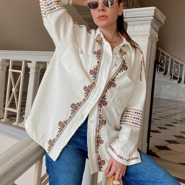 ZARA 자라 웨스턴 보헤미안 자수 패턴 오버핏 데님 자켓 셔츠 M