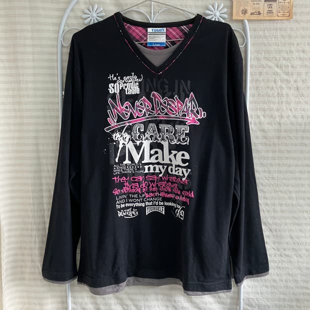 빈티지 공주 핑크 체크 레이어드 티 918 y2k 스트릿 모리 갸루 일본