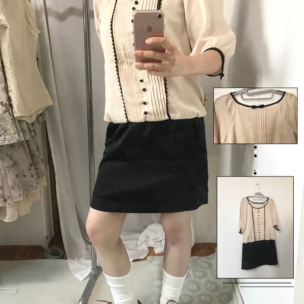 black ribbon sheer lace button dress