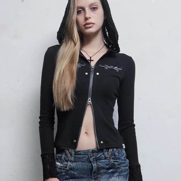 (택있음) 힐다 레이스 엠브로이더리 후드집업