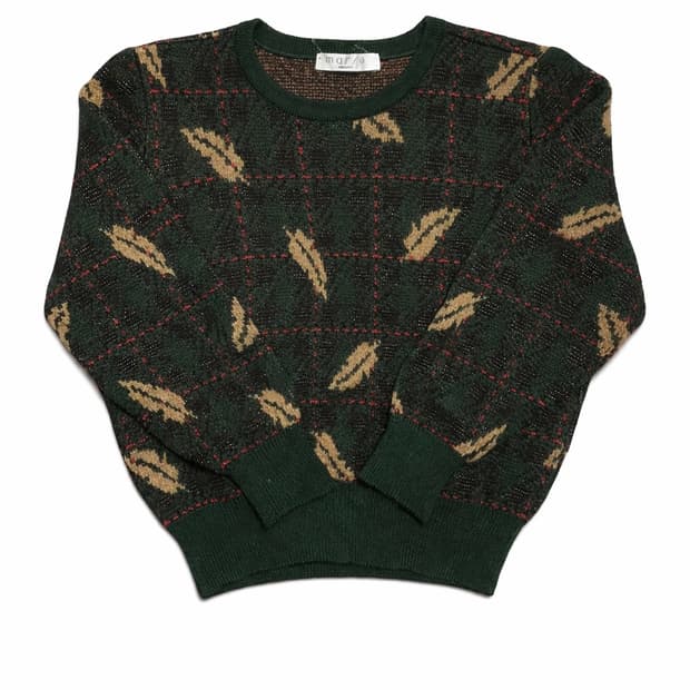 JPN 80s~90s 일본 빈티지 울혼방 그린 체크 패턴 니트 스웨터 M