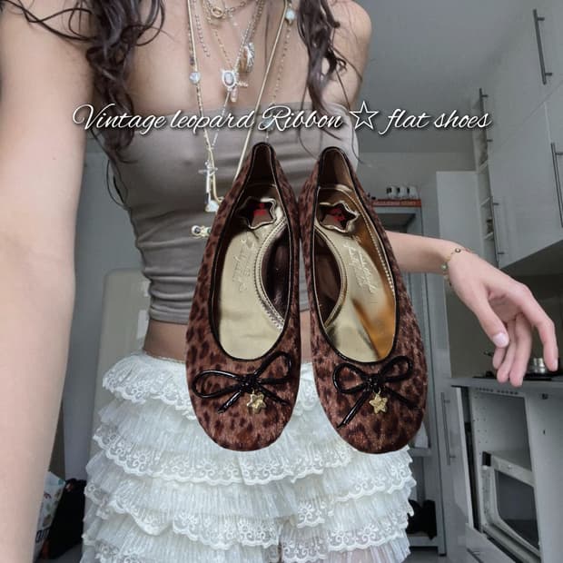 Vintage leopard Ribbon ☆ flat shoes