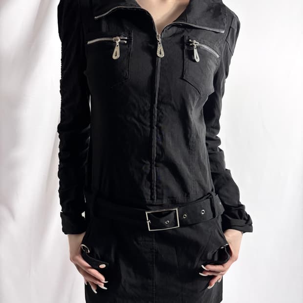 Japanese Vintage Black Zip Mini Dress