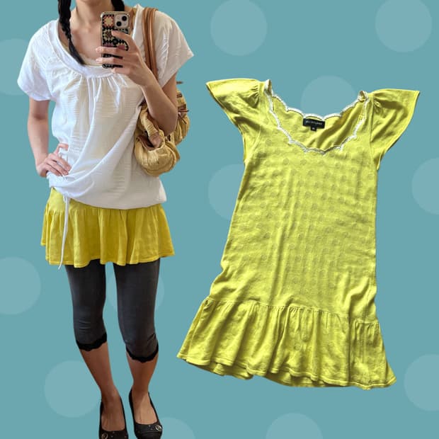 빈티지 노랑 땡땡이 썸머니트 프릴 원피스