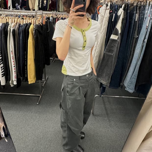 38)Japanese vintage 여성 그린 배색 포인트 화이트 헨리넥