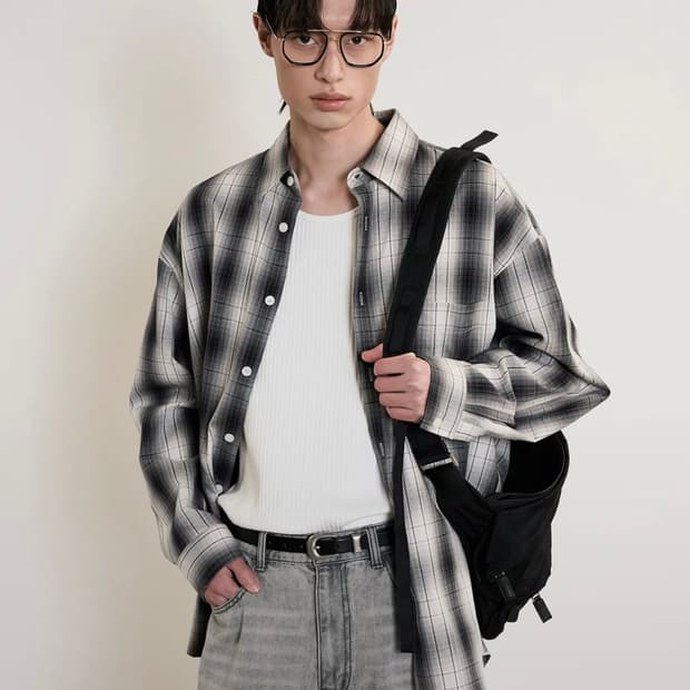 25SS TNGT / 오버사이즈 옴브레 체크셔츠 그레이 / 110