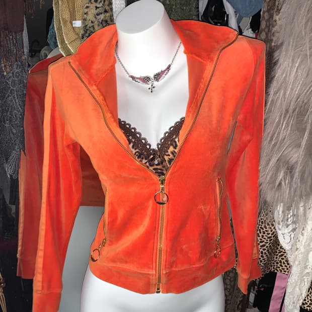 y2k 타미걸 벨벳 오렌지 집업 져지