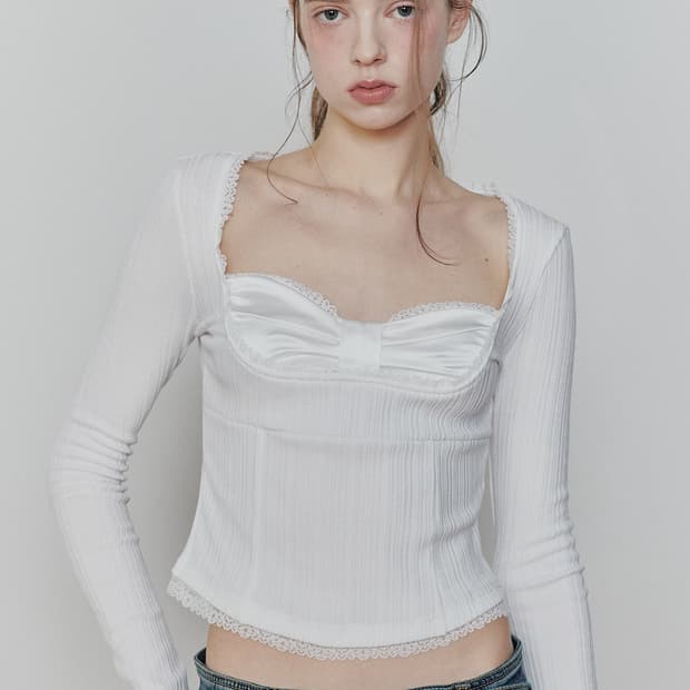[M] 페인오어플레져 데이지 리본 탑 화이트 