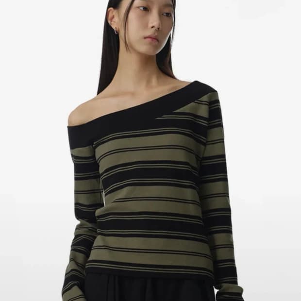 밀로우먼 원 숄더 스트라이프 티셔츠 [딥 그린]