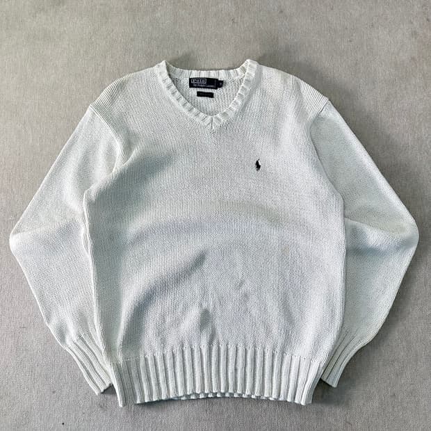 95 폴로랄프로렌 화이트 코튼 브이넥 니트