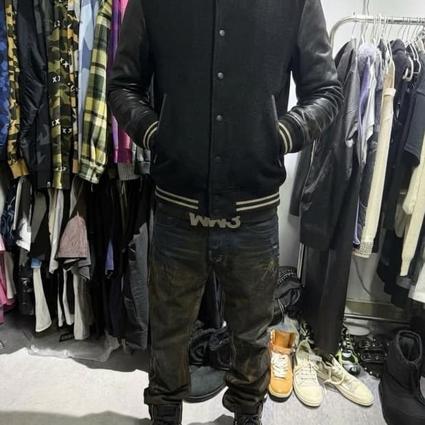 SHIPS JET BLUE  레더 믹스 울 바시티자켓