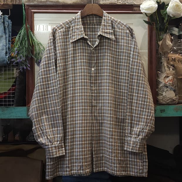 60s 프랑스 워크셔츠 가드너 빈티지 셔츠 브라운 롱 튜닉 셔츠 L