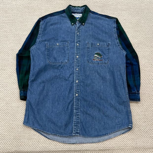 캐나디안 아웃도어 체크 배색 데님 셔츠 r3350