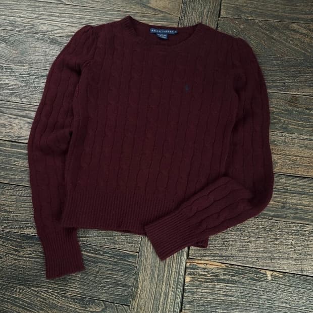 [폴로 랄프로렌] 퍼프 슬리브 케이블 꽈배기 니트 버건디 M18852