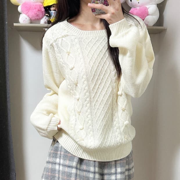 빈티지 화이트 폼폼이 레이스 니트 히메갸루 로걀 라떼 모리걸 헤이세이