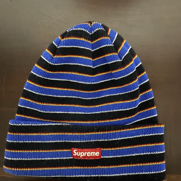 18FW 슈프림 스트라이프 박스로고 비니 블루블랙