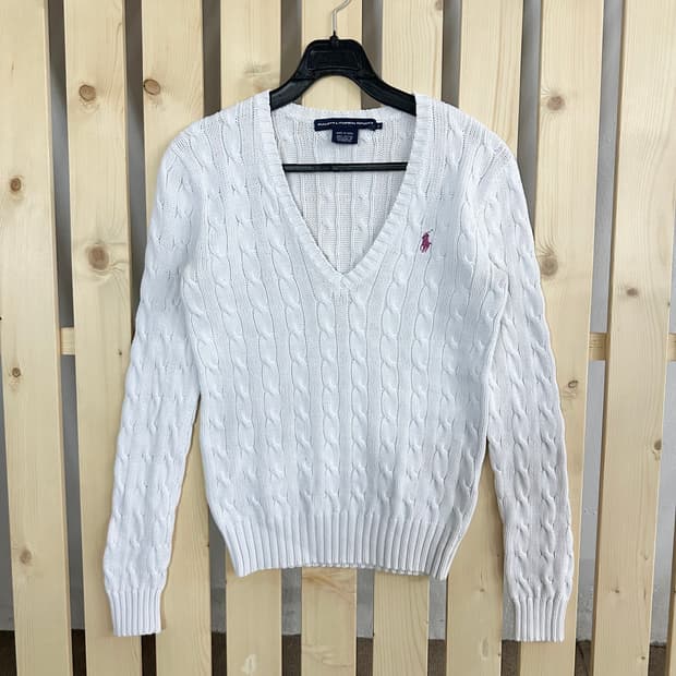 (S) 폴로 화이트 케이블 니트 스웨터