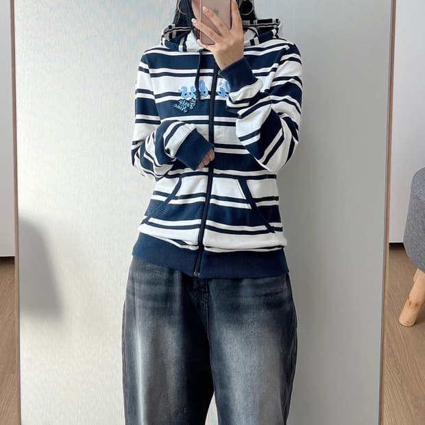 아디다스 Y2K 하늘색 자수로고 단가라 후드집업