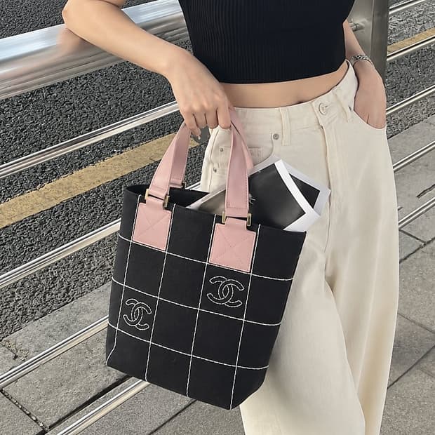샤넬 빈티지 초코바 캔버스 버킷백 토트백 가방
