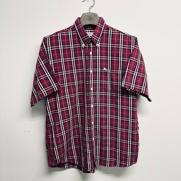 버버리 (Burberrys) 버건디 체크 로고 자수 반팔 셔츠 (L)