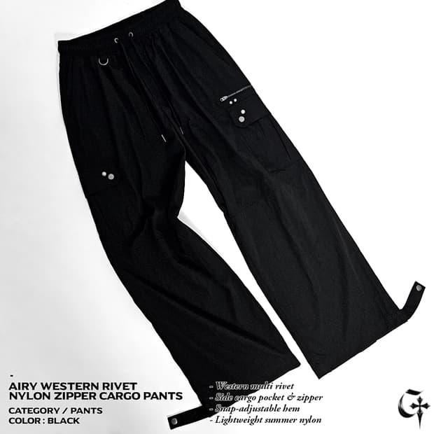 Airy 웨스턴 리벳 나일론 지퍼 카고 팬츠 (black)