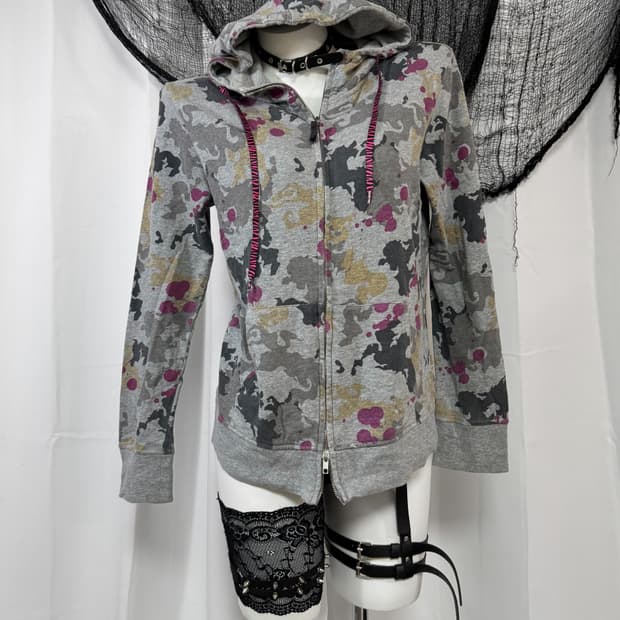 gray printing hood zip up