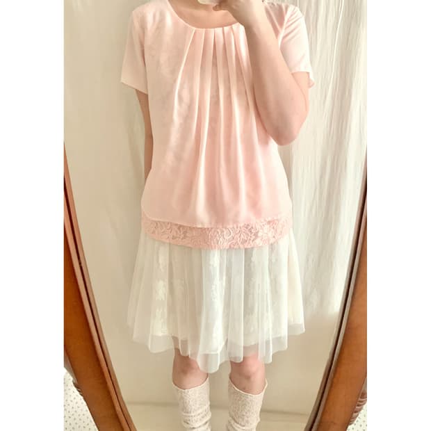 연핑크 레이스 레이어드 핀턱 블라우스