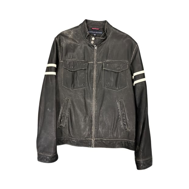 L) 타미힐피거 블랙 리얼레더 라이더 자켓 OJ-P--