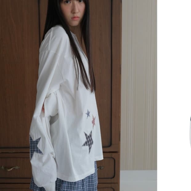 바니쉬먼트 스타 패치워크 롱슬리브 티 아이보리