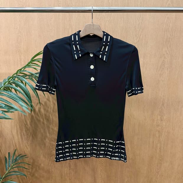 펜디 PK 반팔 티셔츠 자수 스티치 로고 디테일 슬림핏 블랙