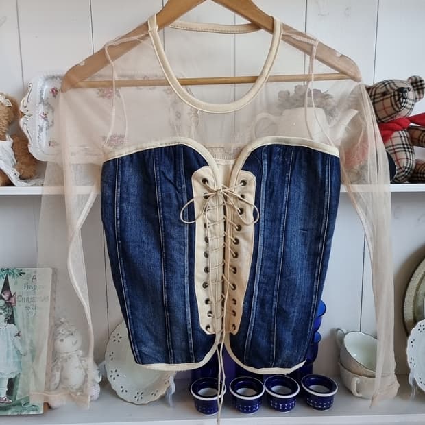 시스루 메쉬 + 데님 코르셋 블라우스