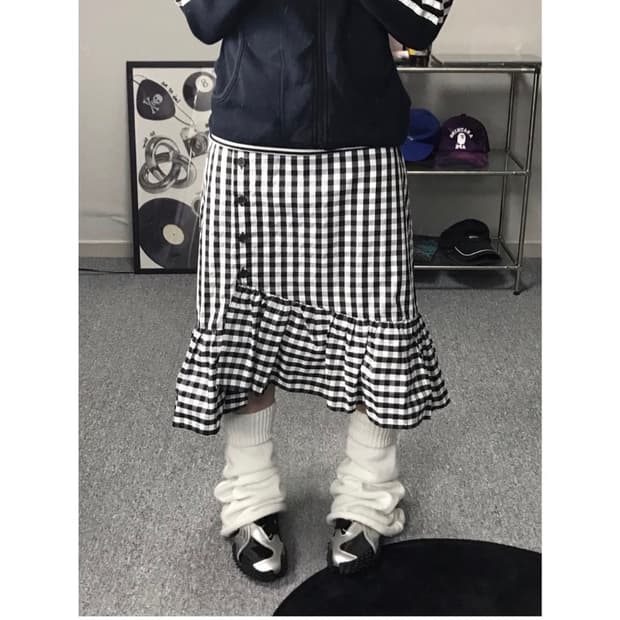 일본빈티지 체크 머메이드 미디 스커트 모래하우스 김아홉 블랙업 히피디피