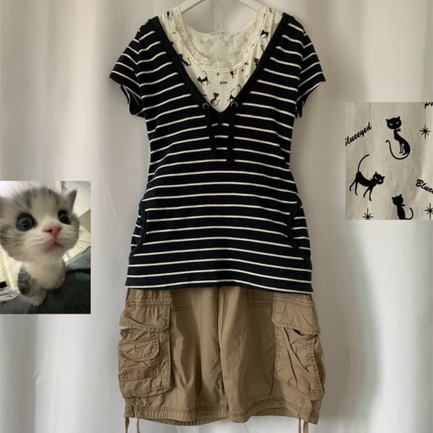 빈티지 고양이 스트라이프 코디세트