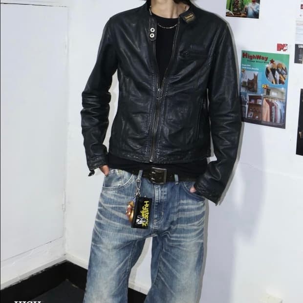 빈티지 슈퍼드라이 레더 바이커 자켓