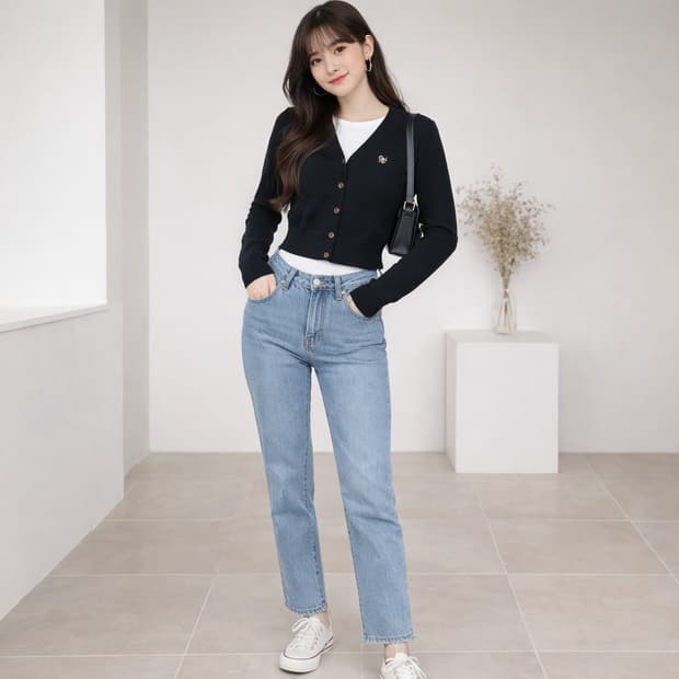 제너럴 아이디어 로고 자수 브이넥 가디건