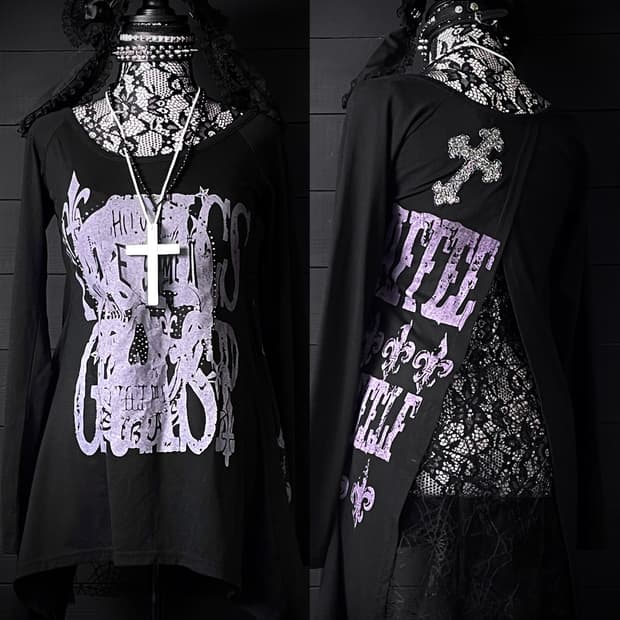 JPN 펑크 오픈 거미줄 레이스 퍼플 레터링 블랙 롱슬리브