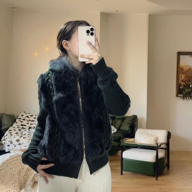 빈티지 어두운 녹색 꽈배기 폭스퍼 후드집업  토끼털 니트자켓