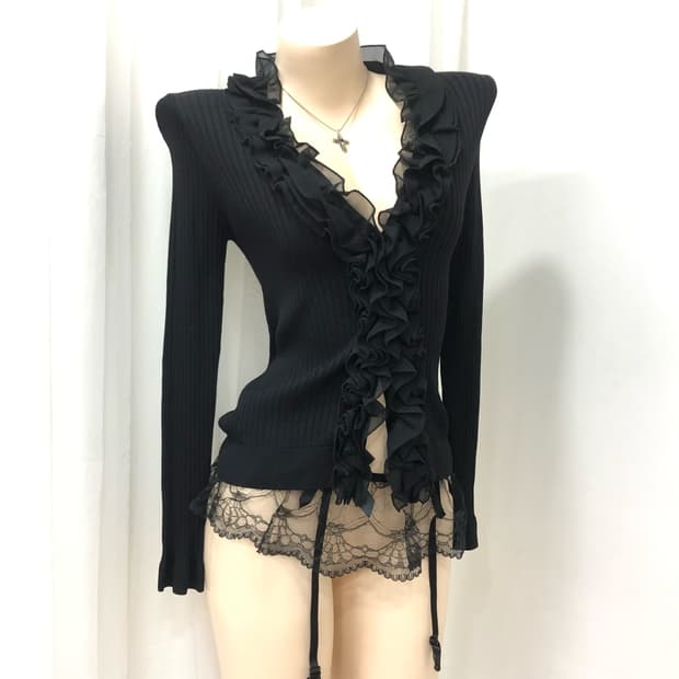 black fairy frill detail ribbed cardigan