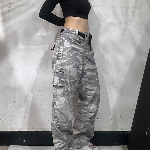 일본 빈티지 베이지 절개 포인트 와이드 밀리터리 카모 팬츠 카고 바지 