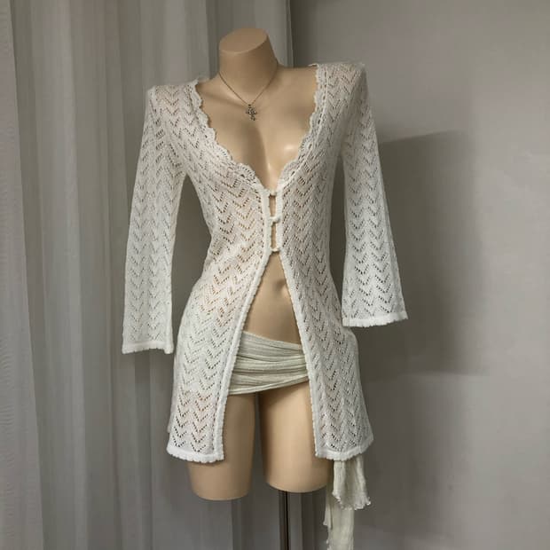 white crochet button long cardigan
