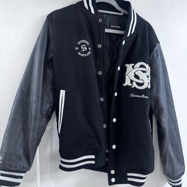 빈티지 레더 배색 바시티 자켓