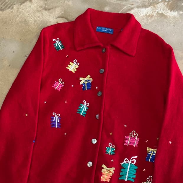 S VTG 90년대 레드 울 어글리 크리스마스 가디건