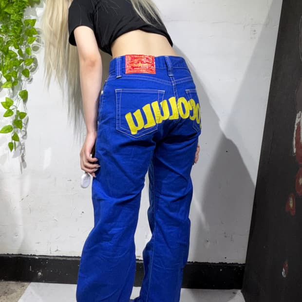일본빈티지 힙합 올드스쿨 자수 코랄 블루 데님 팬츠 청바지 28