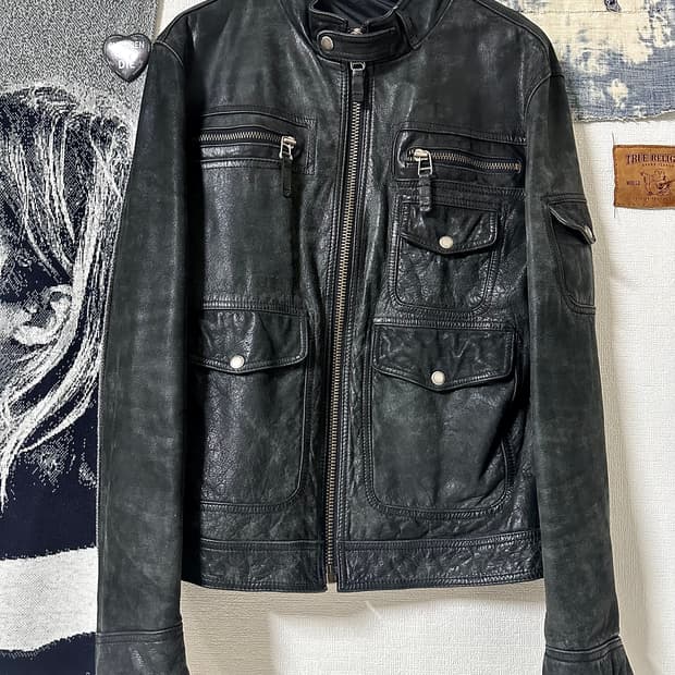 버팔로스킨 멀티포켓 하이넥 레더자켓