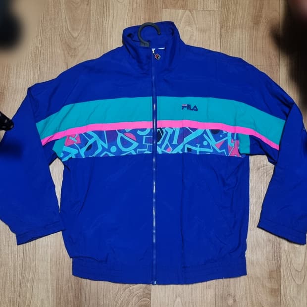 휠라 올드스쿨 90s 빈티지 자켓 블루 패턴 바람막이