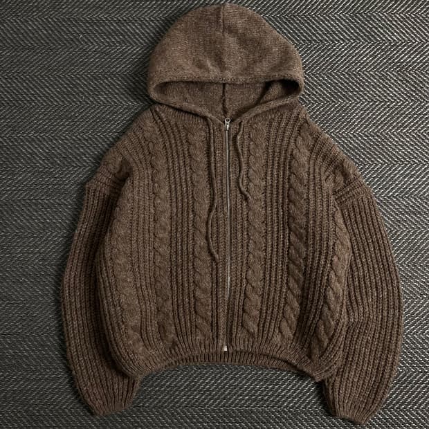 빈티지 후드 케이블 스웨터 브라운 자켓 o 3840