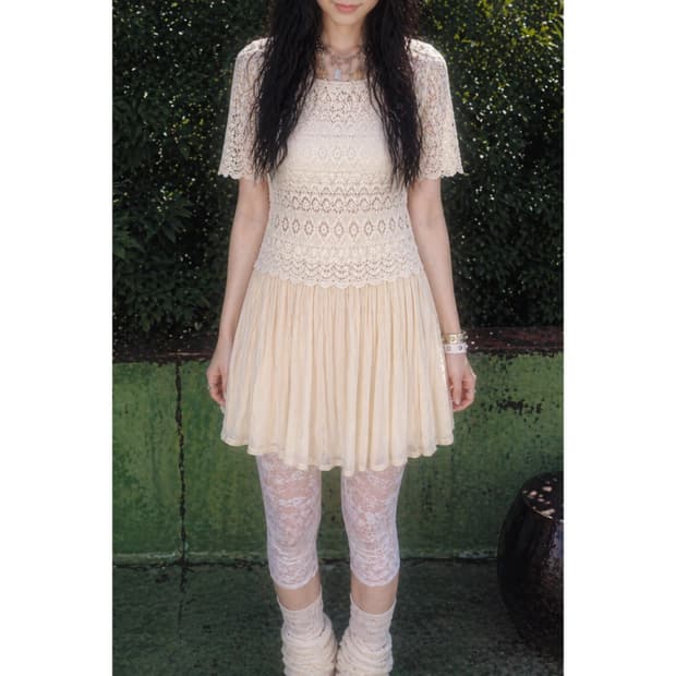 레이스 자수 노랑 원피스