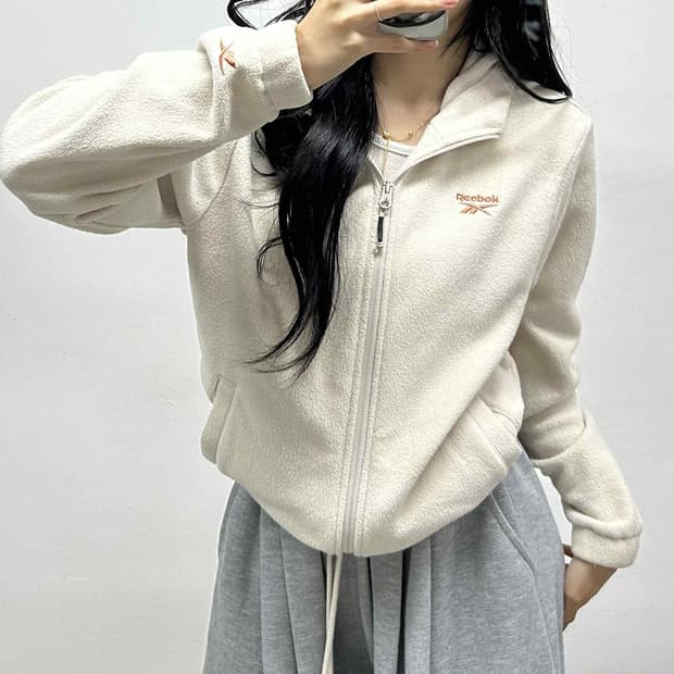리복 아이보리 플리스 후드집업 희귀져지(L)