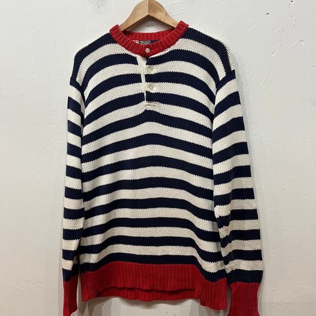 90년대 폴로랄프로렌 헨리넥 보더 로우게이지 니트 스웨터 XL